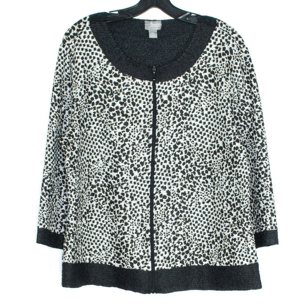 Chicos Travelers Womens Jacket Crinkle Full Zip Printed Black Size 2 Large 12 FA